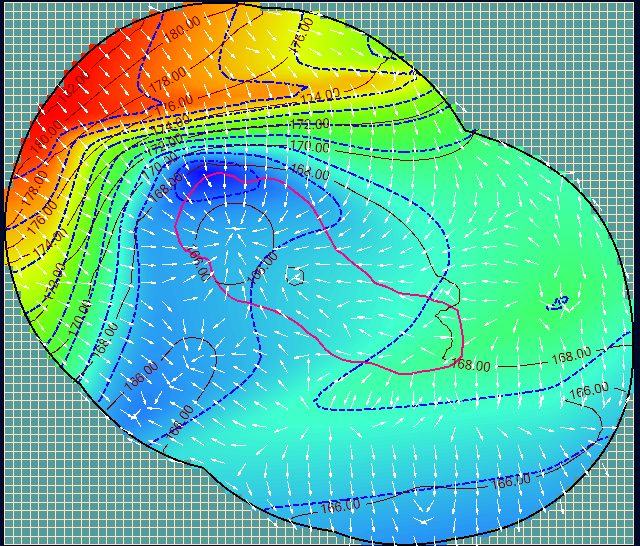 Simulated head contours and flow vectors around an opencast coal mine pit